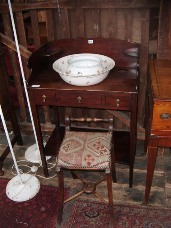 Mahogany washstand with bowl & a tapestry stool